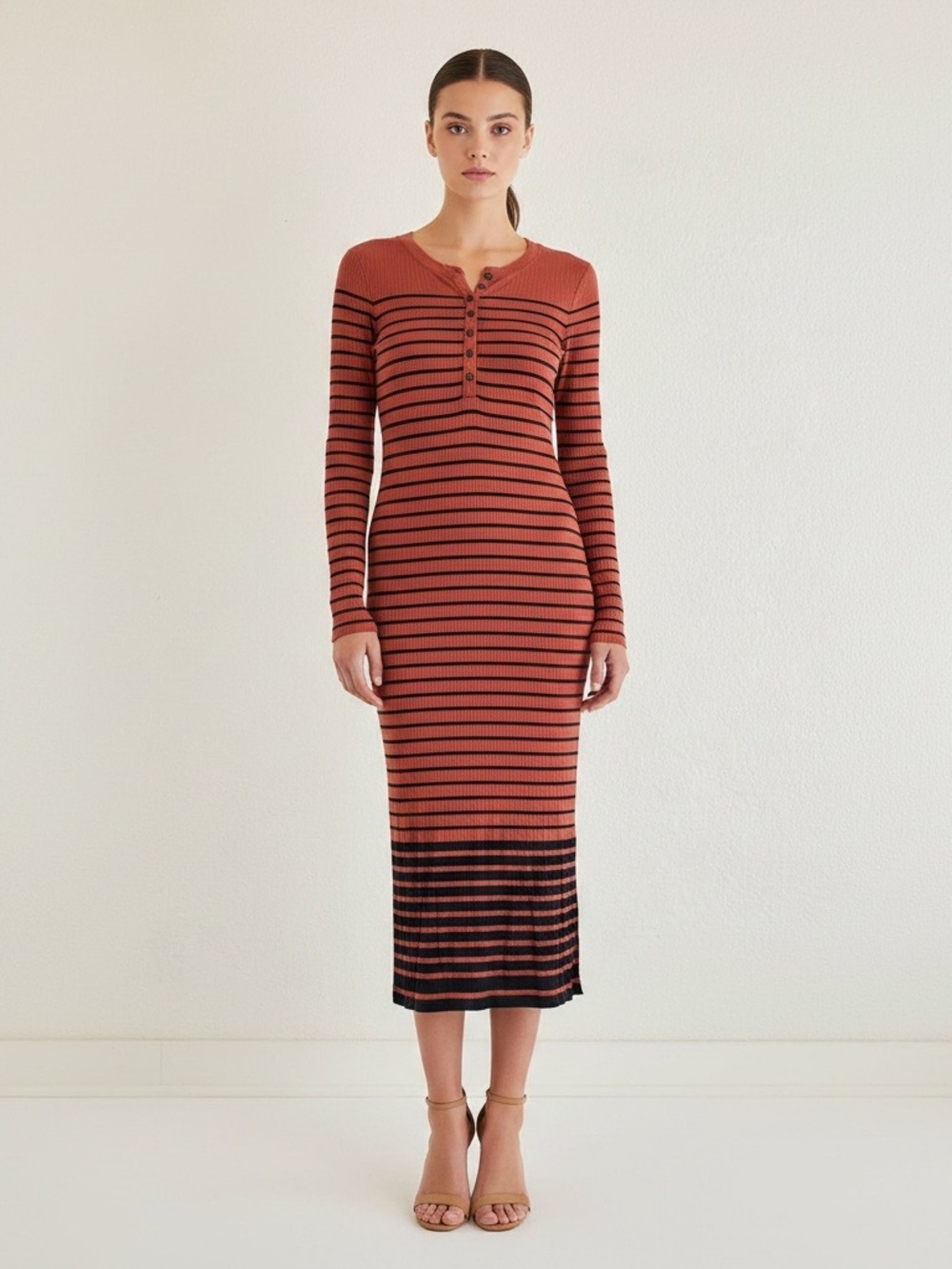 LOFT | Like new rayon blend striped stretch long sleeve Henley midi dress XS